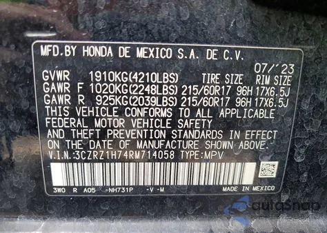 2024 Honda Hr-V Exl from USA, damaged, VIN 3CZRZ1H74RM714058
